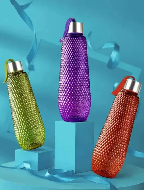 Plastic Bubble Round Shape Water Bottle - 19cm Height, 5cm Breadth, Multi Color | Set Of 3 For Kitchen, Sports, Gym, Yoga, Travelling