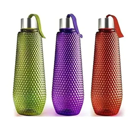 Plastic Bubble Round Shape Water Bottle - 19cm Height, 5cm Breadth, Multi Color | Set Of 3 For Kitchen, Sports, Gym, Yoga, Travelling