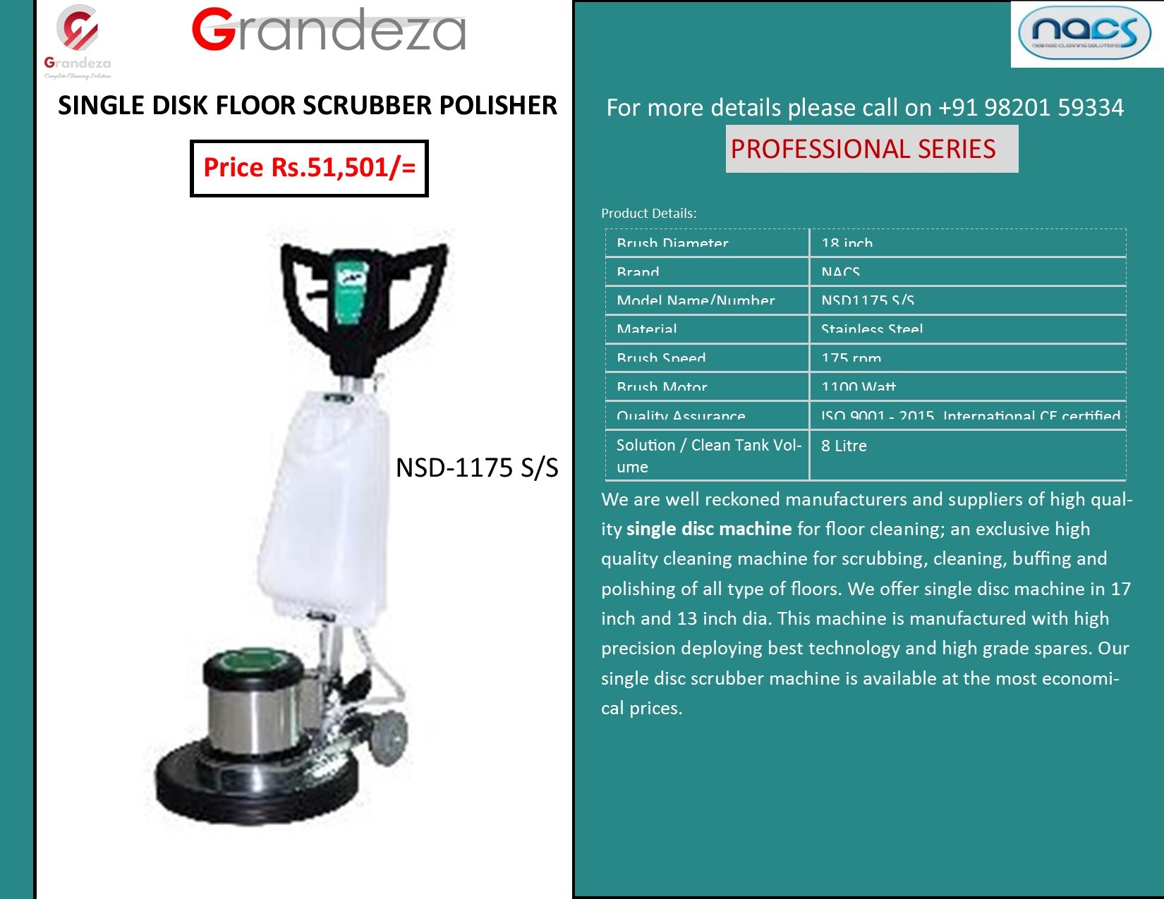 Nacs Single Disk Floor Scrubber And Polisher Nsd-1175 Ss