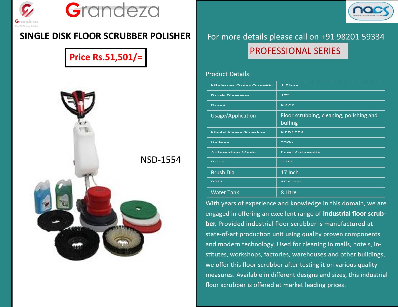 Nacs Single Disk Floor Scrubber And Polisher Nsd-1554 Usage: Industrial & Commercial