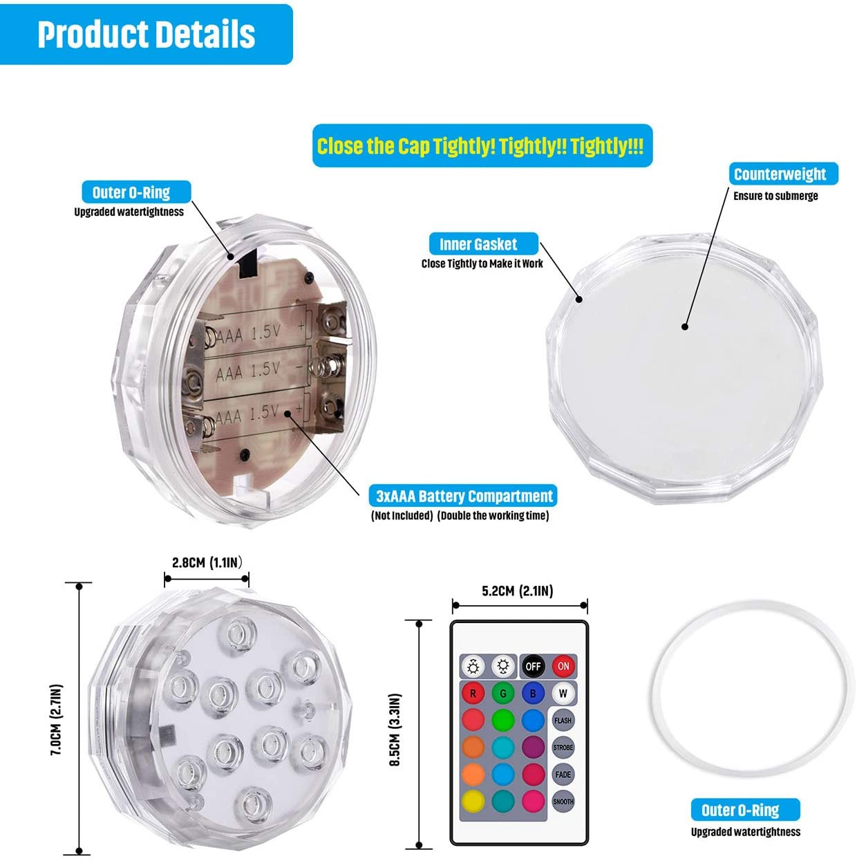 White 10 Led Ip68 16 Color Waterproof Underwater Swimming Pool Led Submersible Lights With Ir Remote For Pool Aquarium Vase Base Pond