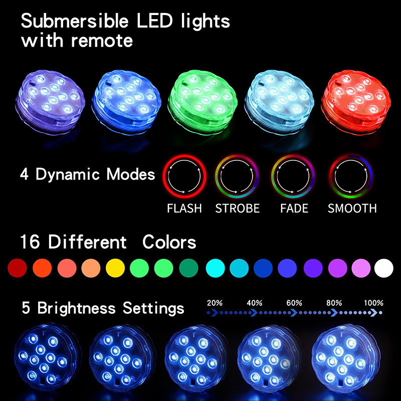 White 10 Led Ip68 16 Color Waterproof Underwater Swimming Pool Led Submersible Lights With Ir Remote For Pool Aquarium Vase Base Pond
