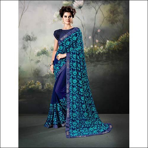 Dark Blue Heavy Thread Embroidery With Fancy Daimond Work Border In Georgette Fabric Saree And Bangalori Silk Blouse