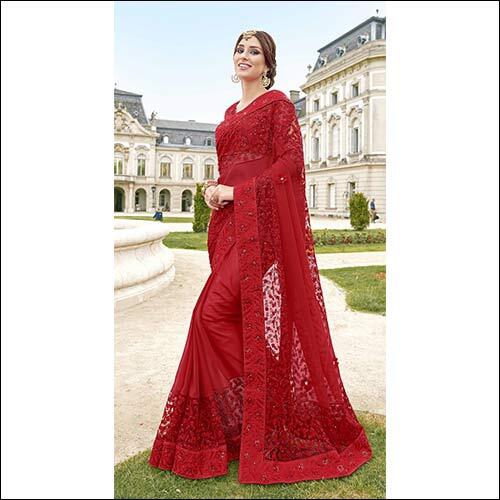 Red Heavy Multi  Sequence Embroidery With Embroidered Border In Nett Georgette Fabric Saree And Bangalori Silk Blouse
