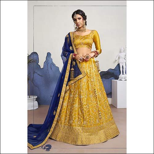 Yellow Heavy Multi Zari Embroidery And Daimond Fancy Work Border In Sattin Silk Fabric Lehenga With Bangalori Silk Blouse And Nett Emb Dupatta