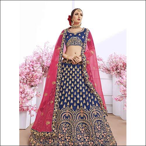 Dark Blue Heavy Multi Zari Embroidery And Daimond Fancy Border In Silk Fabric Lehenga With Silk Blouse And Net Embroidered Dupatta