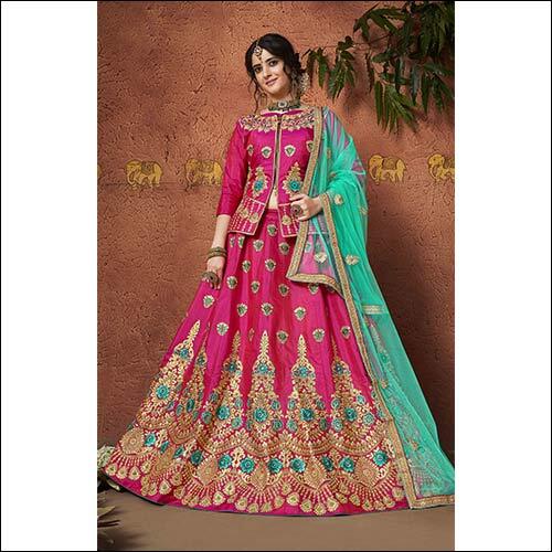 Pink Heavy Multi Zari Embroidery And Daimond Fancy Border In Silk Fabric Lehenga With Koti Style Silk Blouse And Net Emb Dupatta