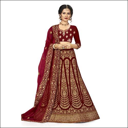 Mehroon Heavy Cording Zari Embroidery And Daimond Fancy Border In Velvet Fabric Lehenga With Velvet Blouse And Nett Emb Dupatta