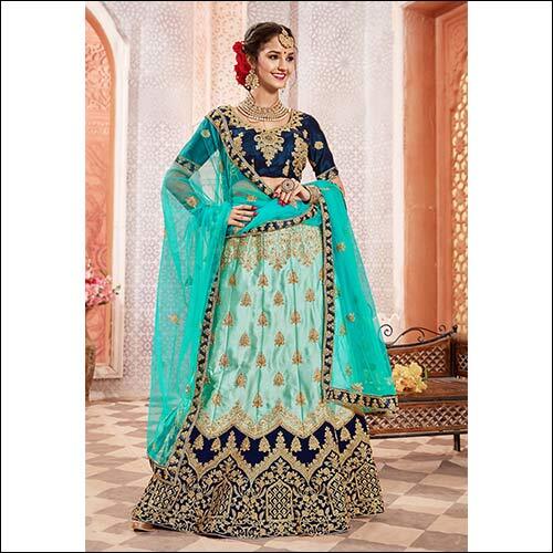 Blue Heavy Cording Zari Embroidery And Daimond Fancy Border In Silk Velvet Fabric Lehenga With Bangalori Silk Blouse And Net Emb Dupattaa