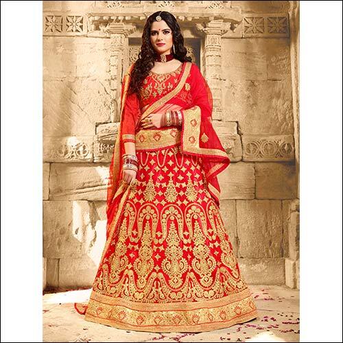 Heavy Cording Zari Embroidery Lehenga Choli - Customized Size Red Silk, Short Long Sleeve with Fancy Diamond-Net Dupatta | Breathable, Dry Clean Only, No Fade