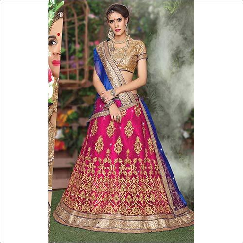 Pink Heavy Chain Stitched Embroidery And Daimond Fancy Border In Nett Fabric Lehenga With Gota Silk Blouse And Net Emb Dupatta