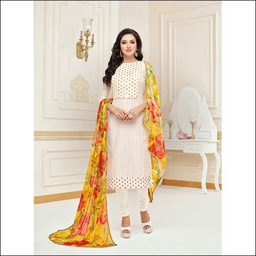 White Designer Embroidery And Fancy Border Chanderi Cotton Top And Cotton Bottom With Printed Chiffon Dupatta