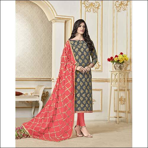 Designer Salwar Kameez - Banarasi Silk Top with Cotton Bottom, Gray & Pink Printed, Gota Work Nazneen Dupatta, Breathable & Washable