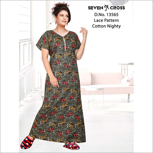 लेस पैटर्न के साथ ग्रे लेडीज़ प्रिंटेड कॉटन नाइटी