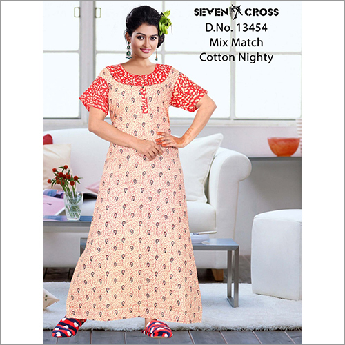 Orange Ladies Soft Cotton Printed Mix Match Nighty