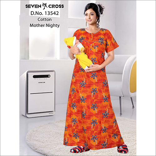 Orange Heavy Cotton Printed Mother Nighty