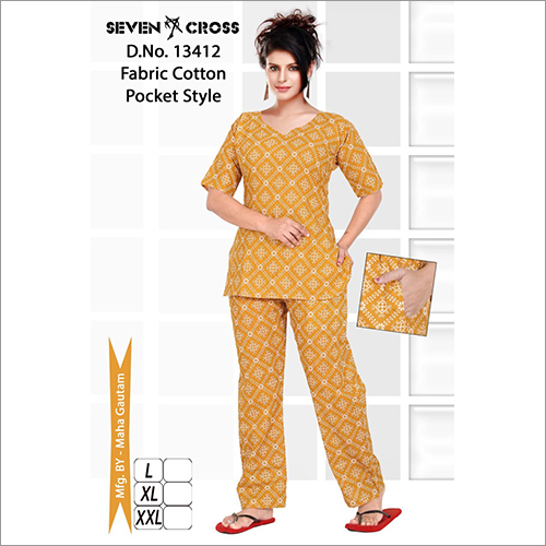 Yellow Ladies Printed Cotton Night Suit