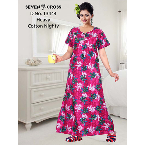 Ladies Hosiery Nighty Gown - Pure Cotton, Short Sleeves, Pink Color | Elegant Printed Design, Suitable for All Seasons, Available in Various Patterns and Sizes
