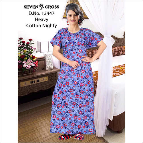 Ladies Nighty - 100% Pure Cotton, Blue Printed Nightgown with Short Sleeves | Perfect for All Seasons