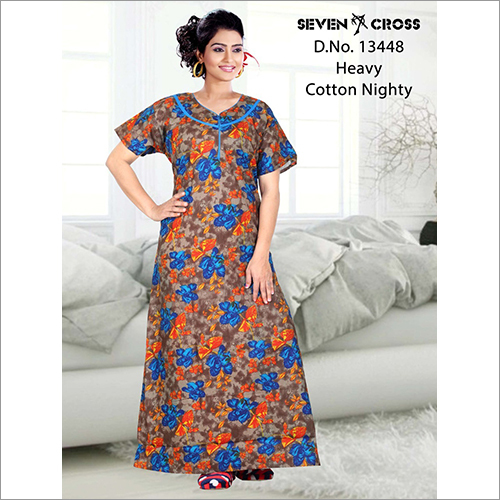 Brown Ladies Designer Print Heavy Cotton Nighty