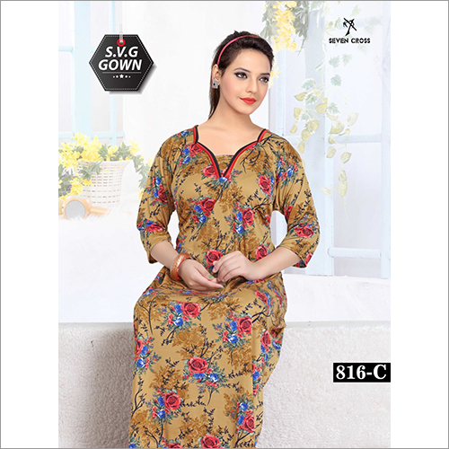 Brown Ladies Floral Printed Sarina Full Sleeve Nighty