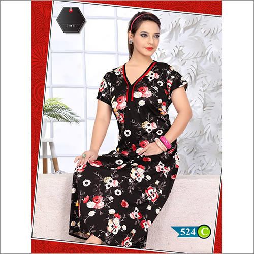 Spring Ladies Black Printed Sarina Nighty Gown