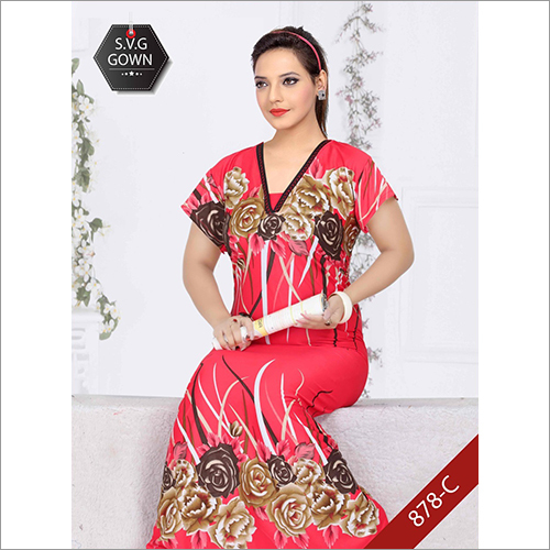 Ladies Printed Sarina Nighty Gown - Cotton Fabric, Red Floral Pattern , Short Sleeves, Loose Fit, Lightweight, Skin-Friendly