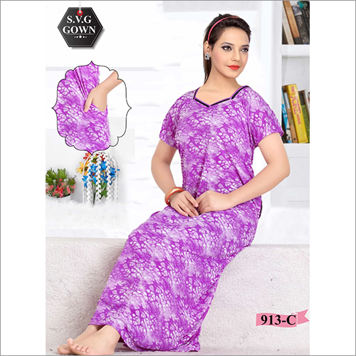 Ladies Sarina Pocket Nighty - Lightweight Sarina Fabric, Purple Printed Nightgown with Short Sleeves | Flawless Finish, Fashionable Design, Available in Various Sizes