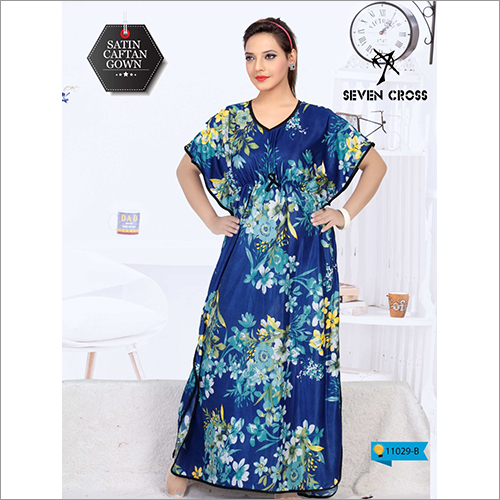 Blue Ladies Regular Fit Satin Printed Satin Kaftan Nighty