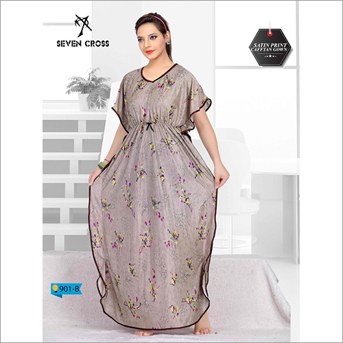 Beige Ladies Satin Printed Kaftan Nighty
