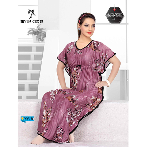 Purple Ladies Designer Satin Printed Kaftan Nighty