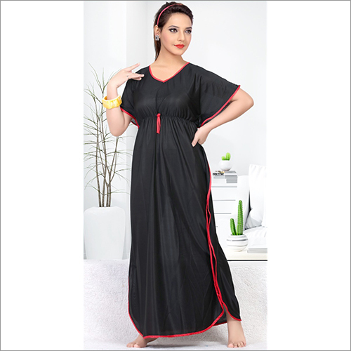 Plain Ladies Black Satin Kaftan Nighty