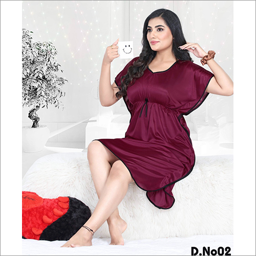 Maroon Ladies Plain Satin Kaftan Nighty