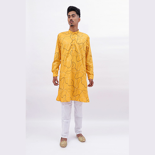 डार्क येलो प्रिंटेड कॉटन कुर्ता पजामा