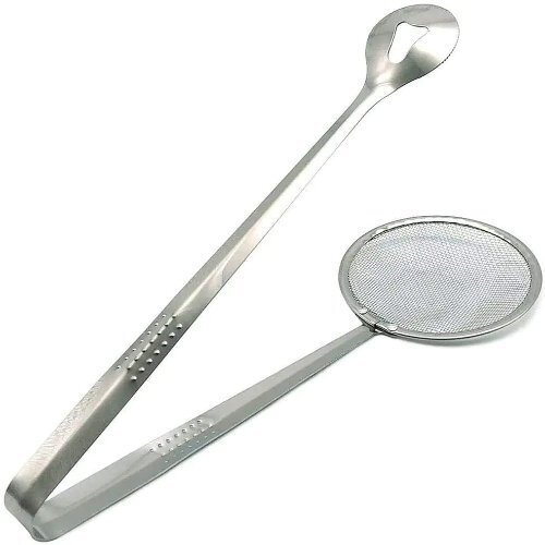 Filter Spoon with Clip Food Kitchen Oil-Frying Multi-Functional - Stainless Steel, Silver Color | Easy to Clean, Ergonomic Anti-Slip Handle, Lightweight Design