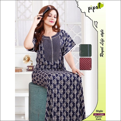 Alpine Embroidery - Cotton Full Length Nightgown | Short Sleeves, Mix Colour, Printed Pattern