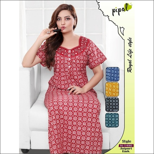 Jaipuri Embroidery - Cotton Nightgown, Full Length in Mix Colour | Short Sleeves, Customized Size, Embroidered Design for Women Ages 18-65