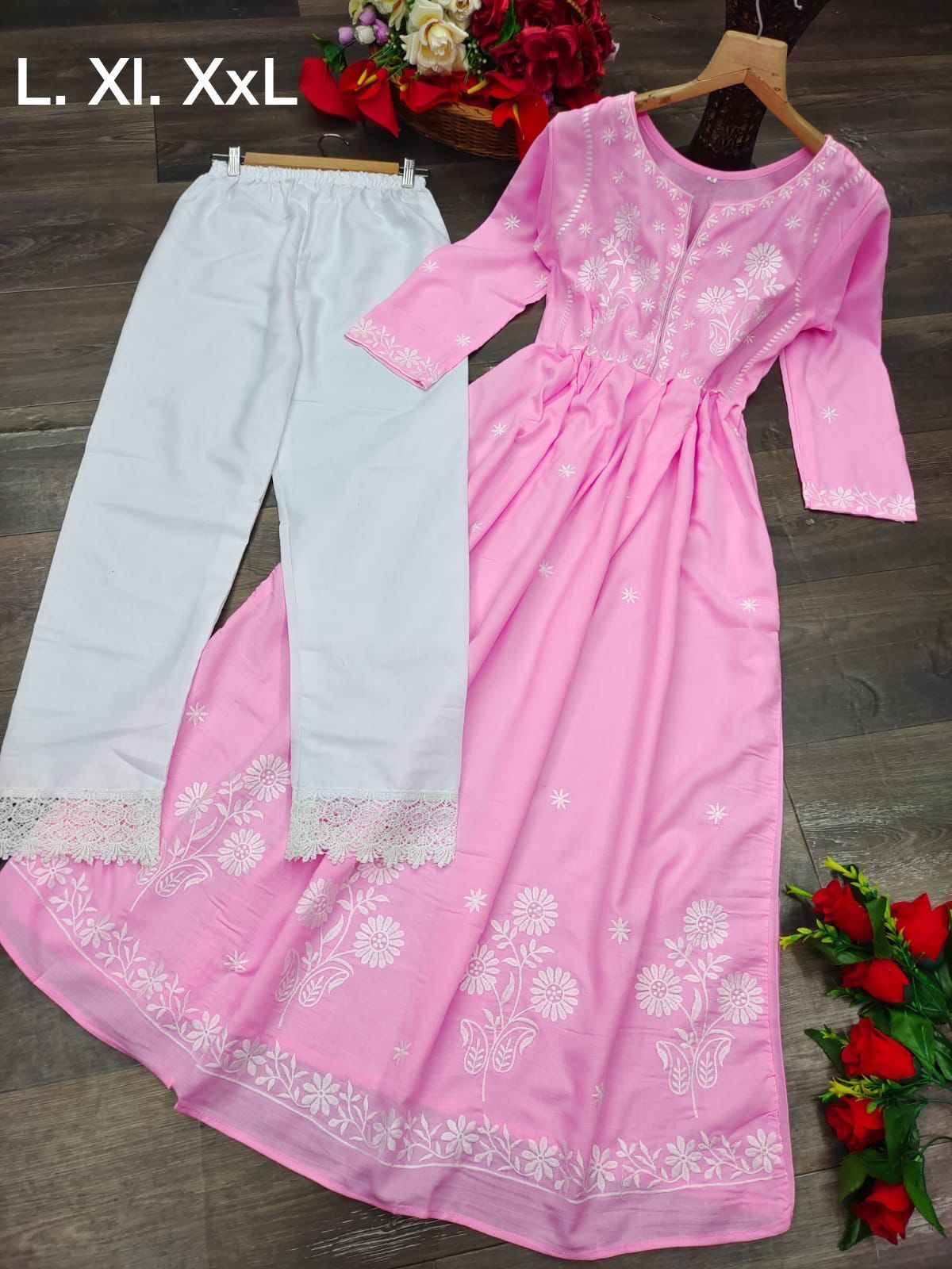 Kurti With Palazzo - Magic Cotton Fabric, 55 Inches Top Length, 40+ Inches Bottom Length, Embroidered Pattern | Breathable, Washable, Modern Design For Ladies