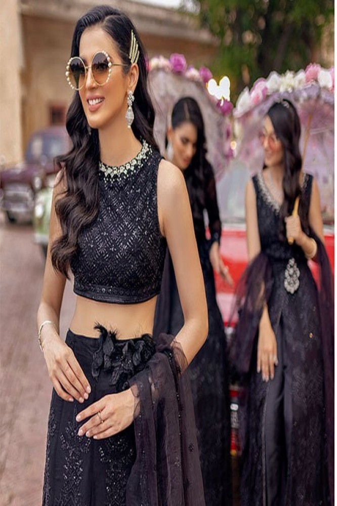 Chiffon Suit - Cotton Silk Undershirt, Hand-embellished Neckline And Motifs | Sequined Net Dupatta, Full Sleeves, Summer Wear