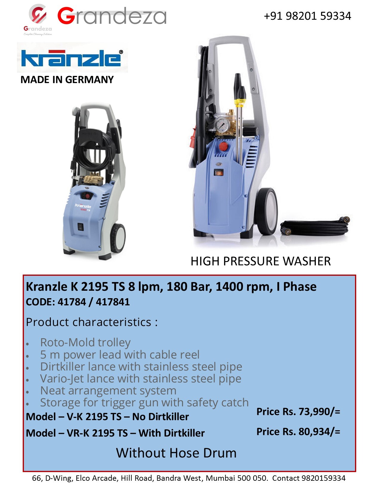 Kranzle High Pressure Washer - Stainless Steel, 8 Liters Per Minute, 180 Bar, 1400 Rpm | Electric, Industrial & Commercial Usage, 45 Kg Weight, Blue Color, Roto-mold Trolley