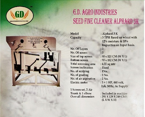 Wheat Cleaning Machine - Alphad 3K Model, 1 TPH Capacity with 40x40 CM Screens, 4.80 sq. m Screening Area, 3 Layer Design, Fixed Screen Inclination, 3 HP Electric Motor