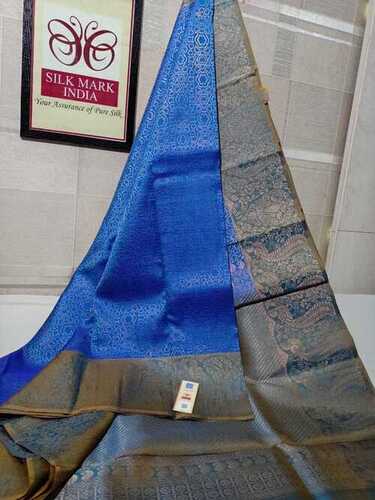 ब्लू प्योर कांजीवरम गोल्ड एंड सिल्वर बॉर्डर साड़ी
