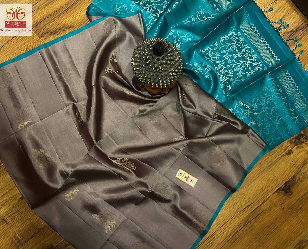 Grey With Rama Blue Handloom Soft Silk Saree Silver Jarie