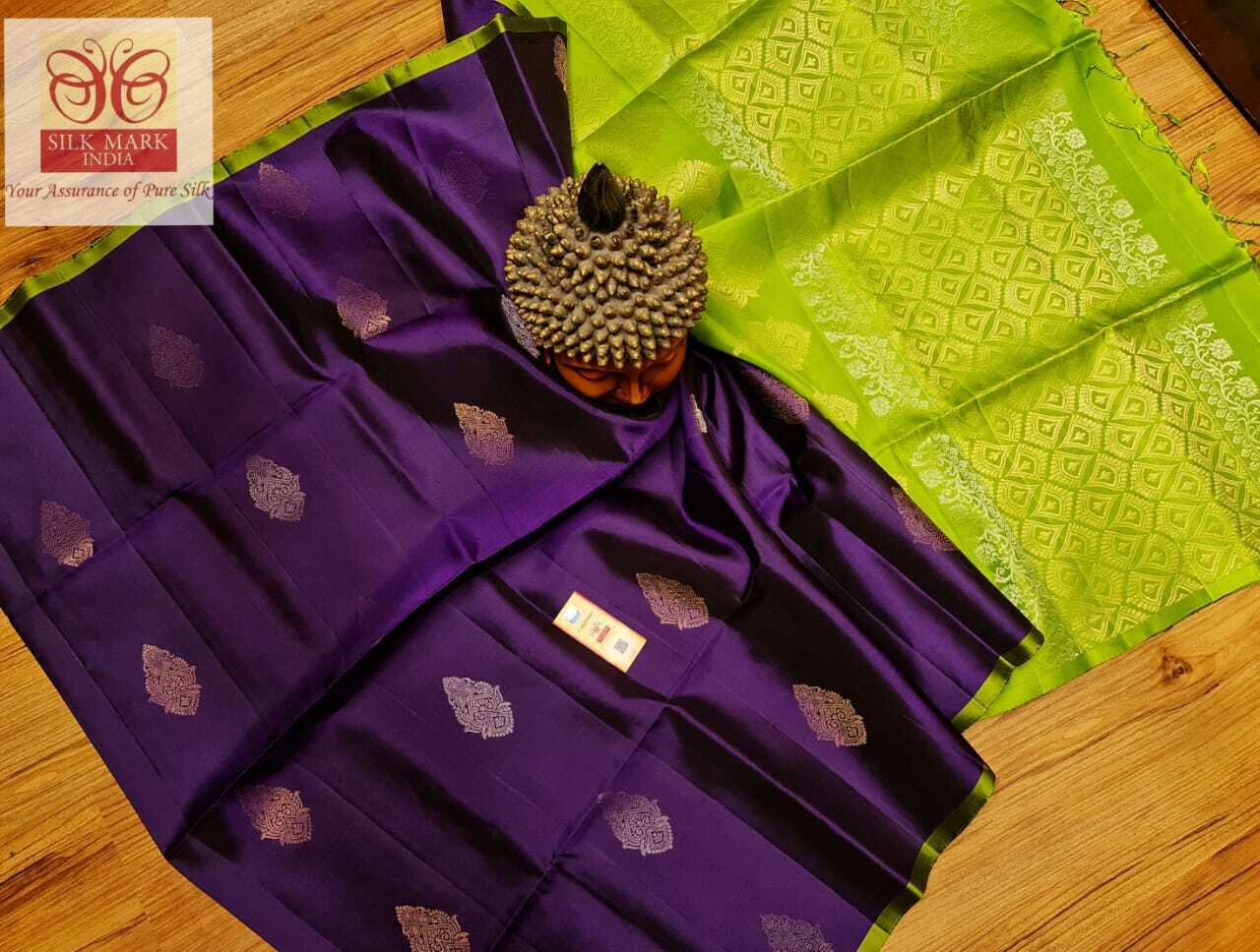 Purple With Green Light Weight Handloom Soft Silk Saree