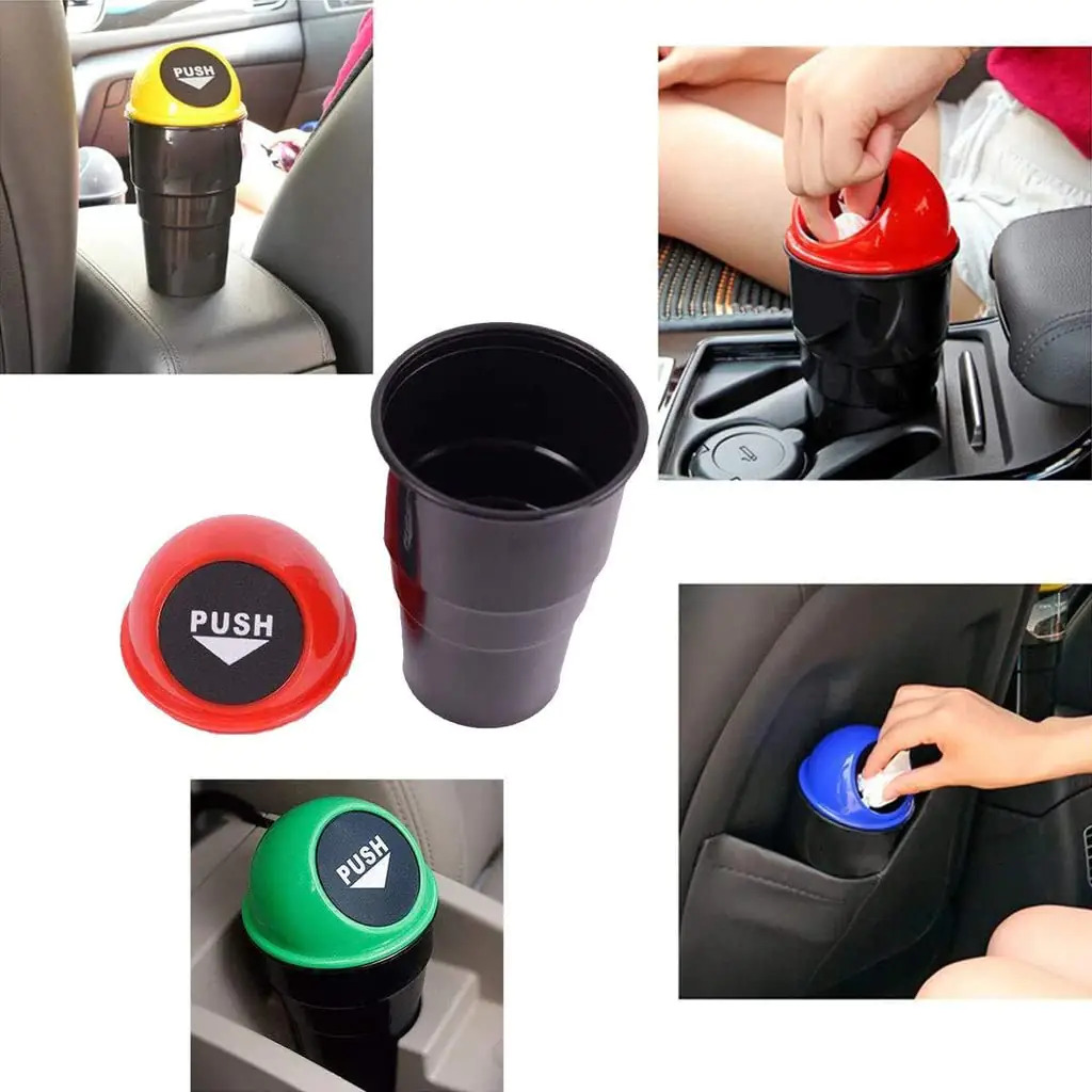 Car Dust Bin - Plastic, 7x7x10cm | 500ml Capacity, Easy To Use, Portable, Auto Bounce Feature, Spring Loaded Lid, Car Holder Friendly