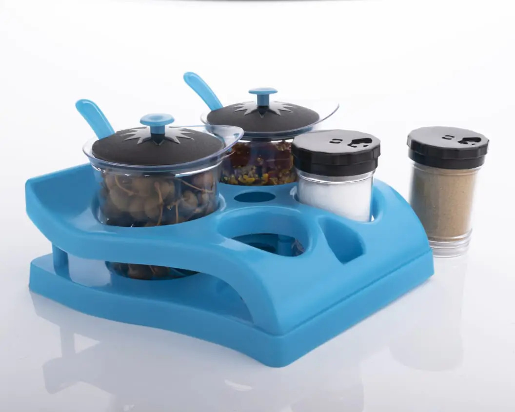 Aachar Pickle Container Chutney - Plastic Material, Multi Color | 4 Jars Set (2 Spice Jars, 2 Pickle Jars), 2 Spoons, 1 Tray