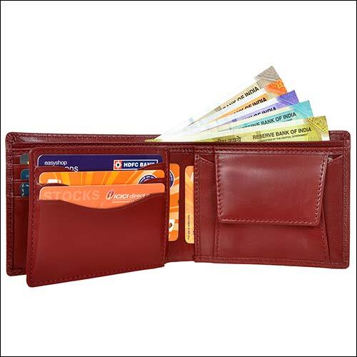 Foldable Leather Wallet - Genuine Grain Leather, 11.5x9 Cm , Cherry Color, Rfid Protected, 6 Credit Card Slots, 1 Coin Pocket, Premium Quality Design