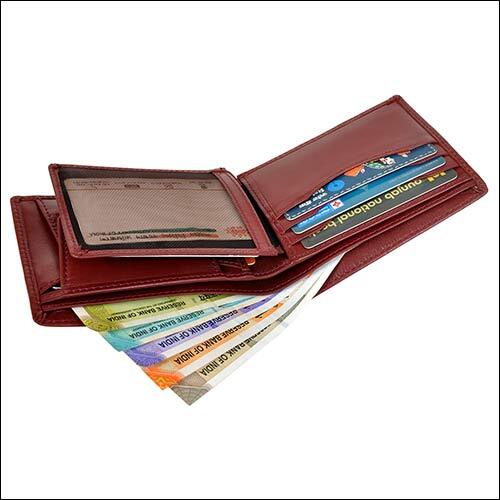 Foldable Leather Wallet - Genuine Grain Leather, 11.5x9 Cm , Cherry Color, Rfid Protected, 6 Credit Card Slots, 1 Coin Pocket, Premium Quality Design