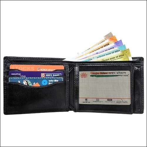 Black Leather Wallet - Genuine Grain Leather, 11.5x9 Cm, Black Color, 6 Credit Card Slots, Rfid Protected, Multiple Compartments