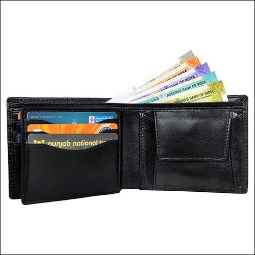 Black Leather Wallet - Genuine Grain Leather, 11.5x9 Cm, Black Color, 6 Credit Card Slots, Rfid Protected, Multiple Compartments